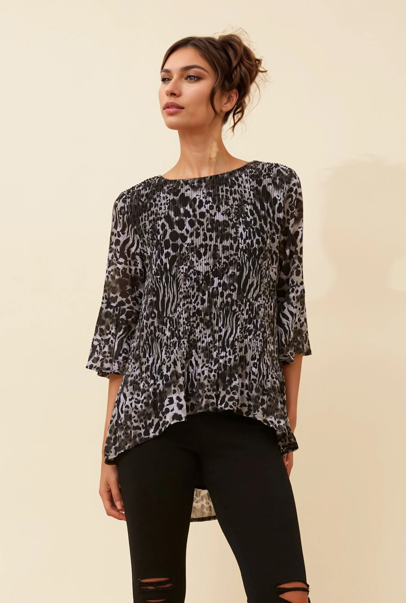 NANCY PLEATED ANIMAL PRINT TOP