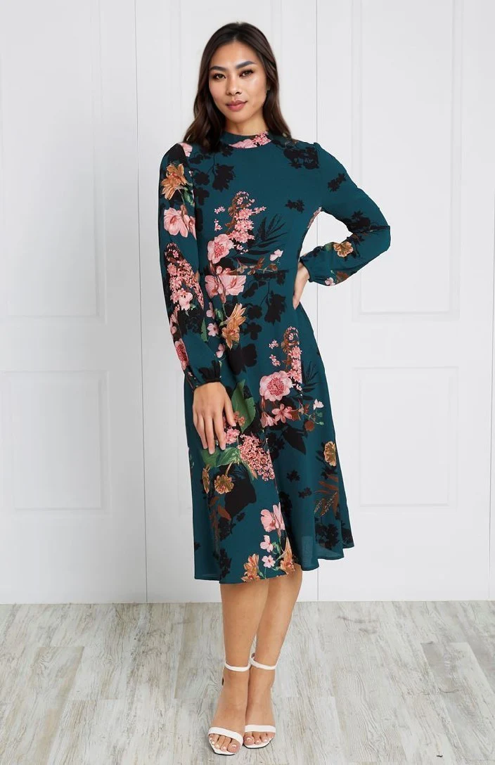 LONG SLEEVE FLORAL MIDI DRESS