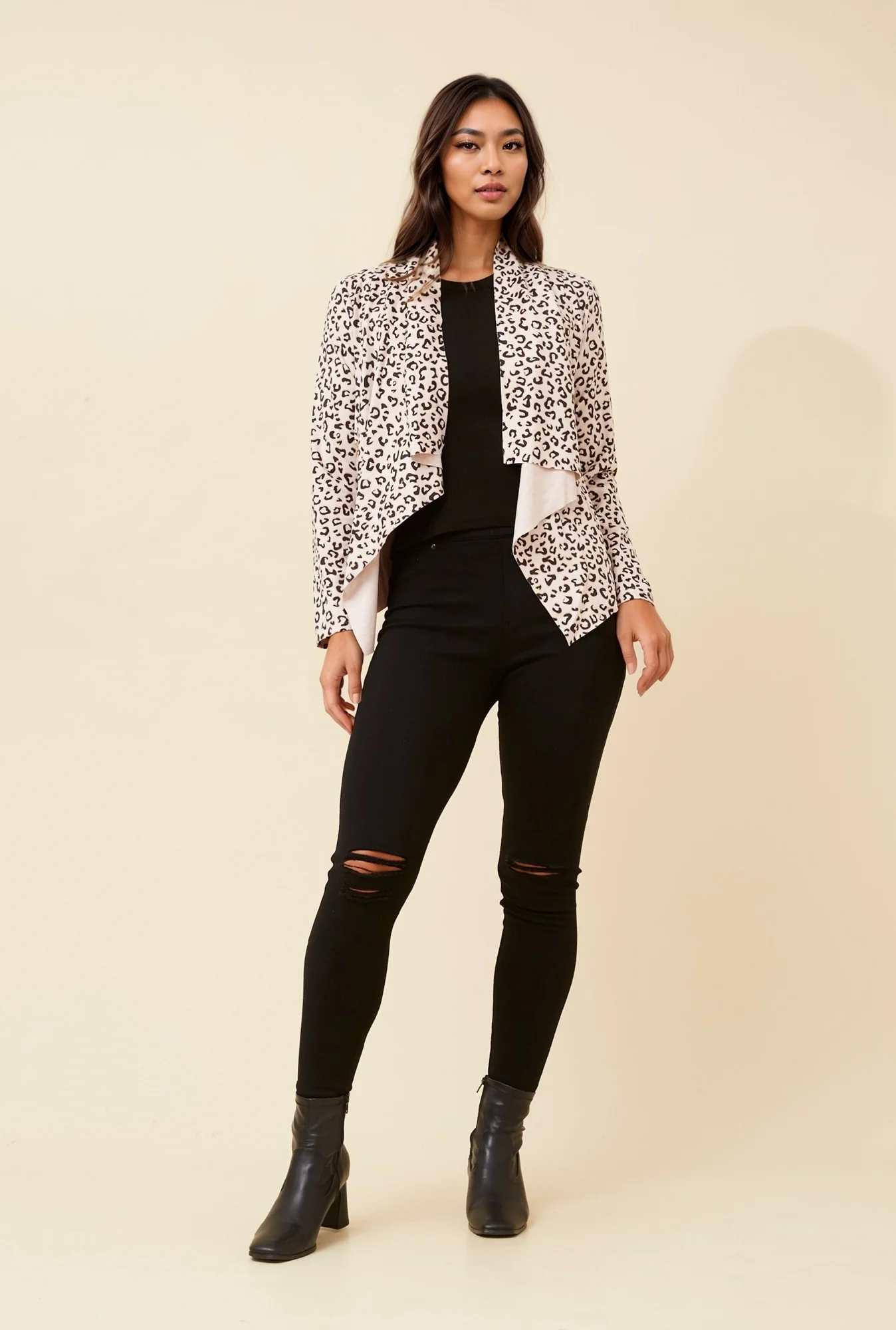 LENI ANIMAL PRINT FAUX SUEDE CARDIGAN