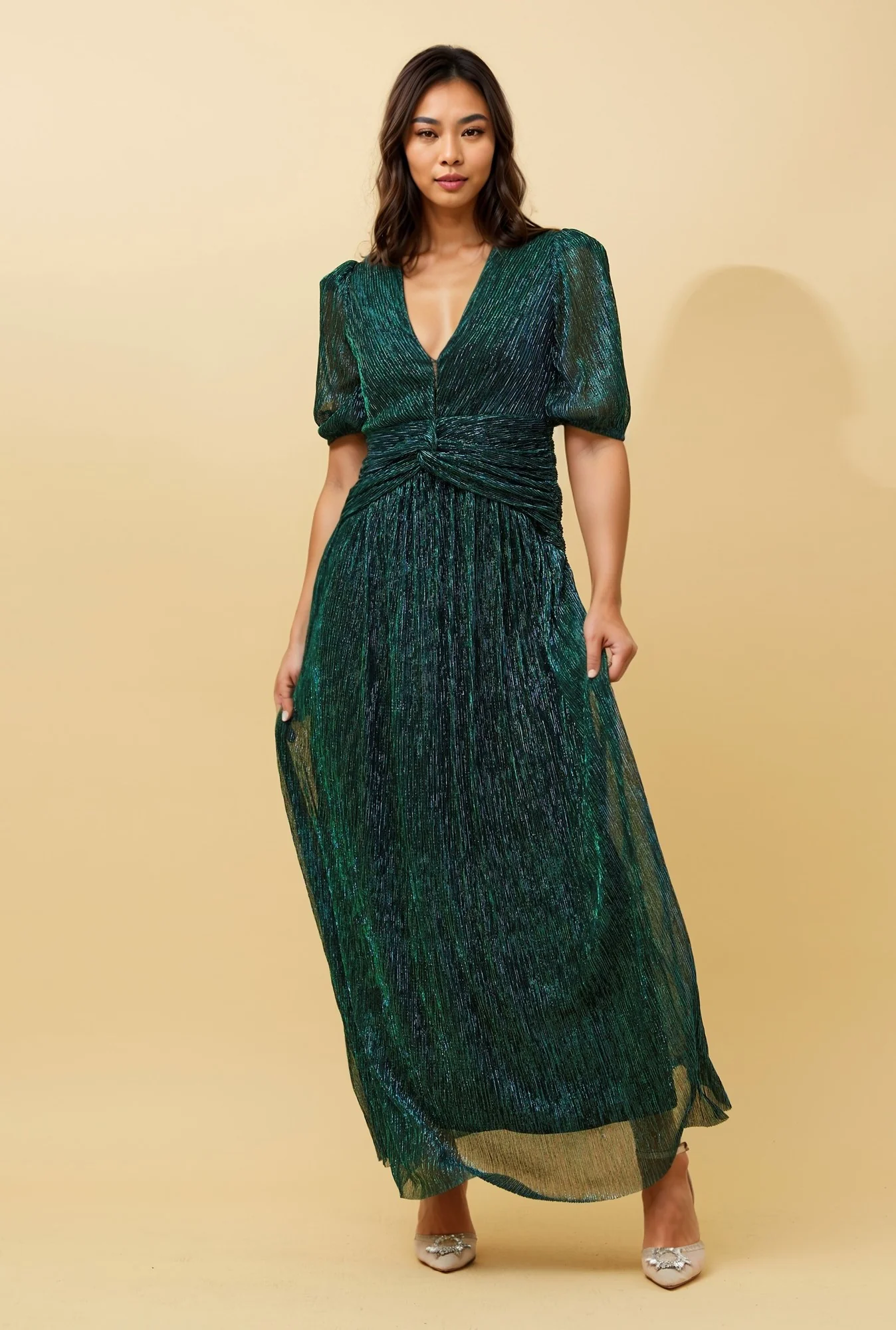 GEM SHORT SLEEVE MICRO PLEAT GLITTER MAXI DRESS