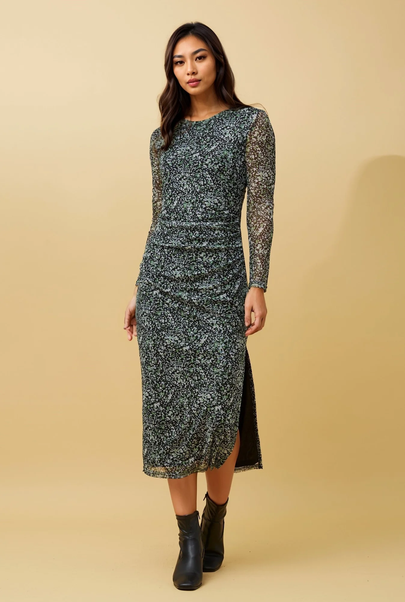 JUAN ABSTRACT PRINT RUCHED MIDI DRESS