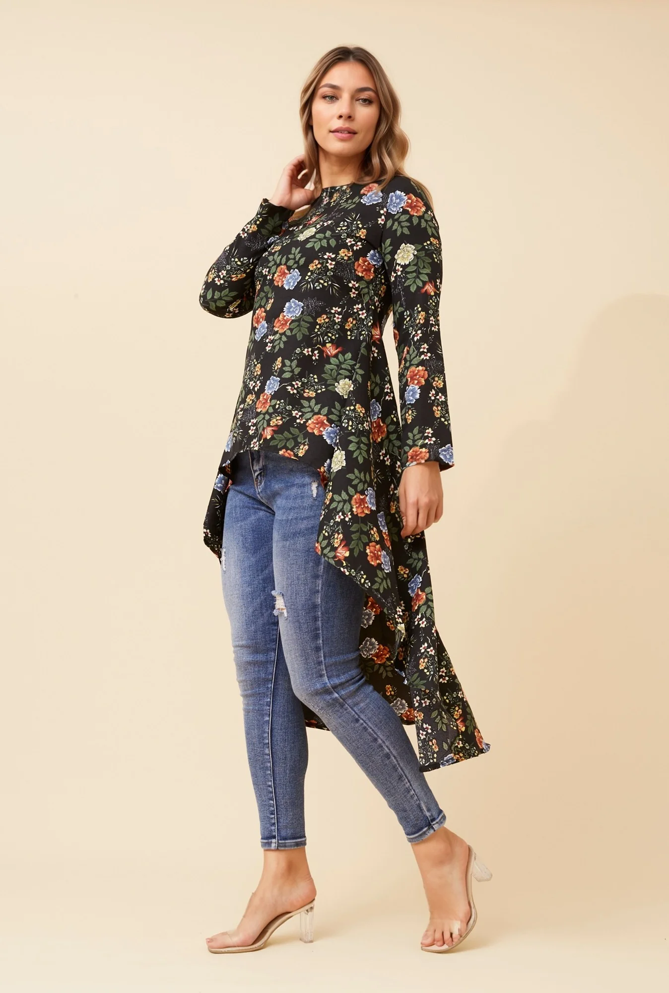 FLORAL HI-LOW HEM TOP