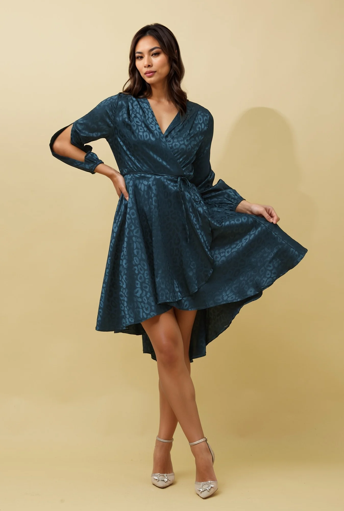 WILLOW ANIMAL PRINT SATIN WRAP DRESS