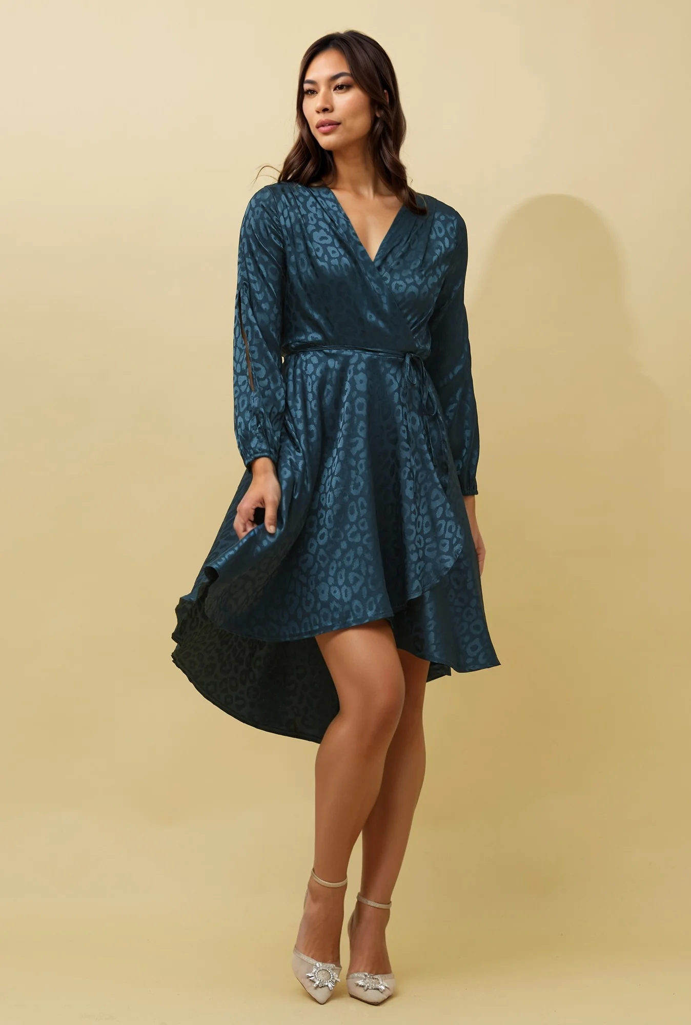 WILLOW ANIMAL PRINT SATIN WRAP DRESS