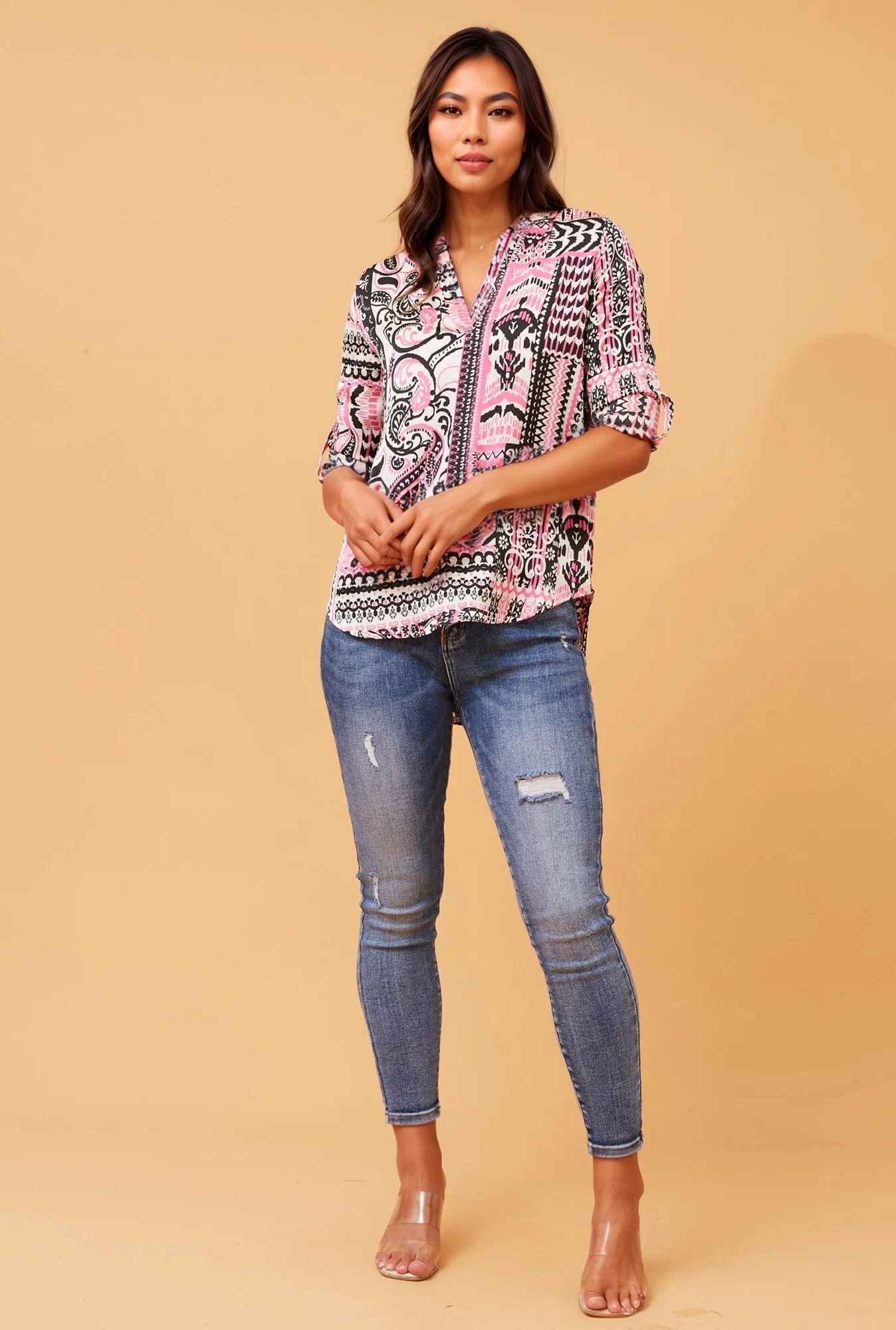SPICY PATCHWORK PRINT BLOUSE