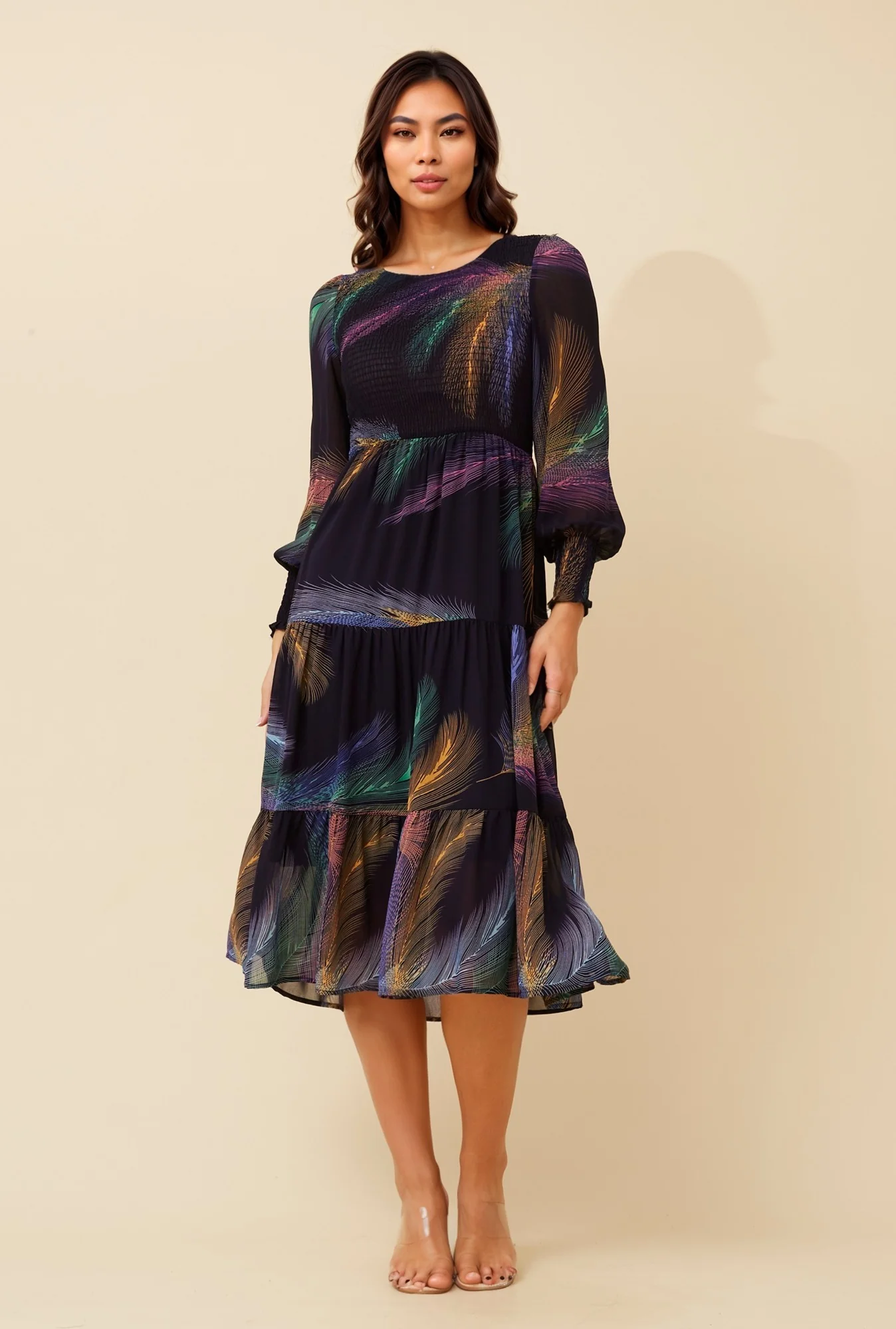 SHERRY FEATHER PRINT MIDI DRESS