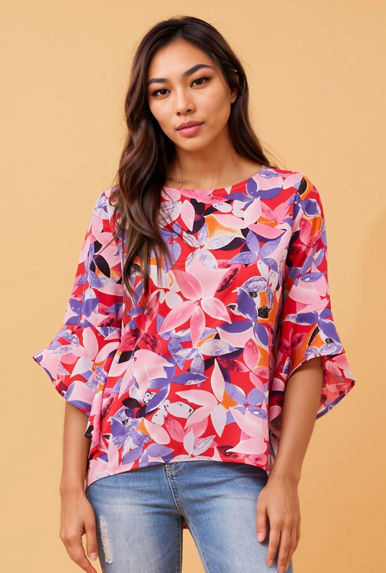 FOREVER FLORAL FLUTE SLEEVE TOP