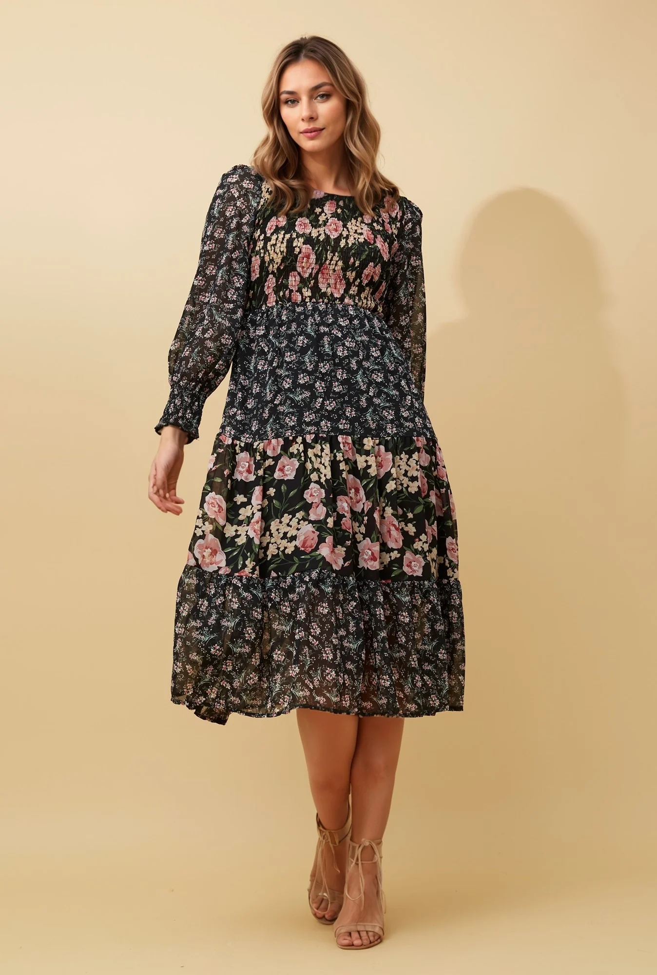SHERRY SHIRRED FLORAL MIDI DRESS